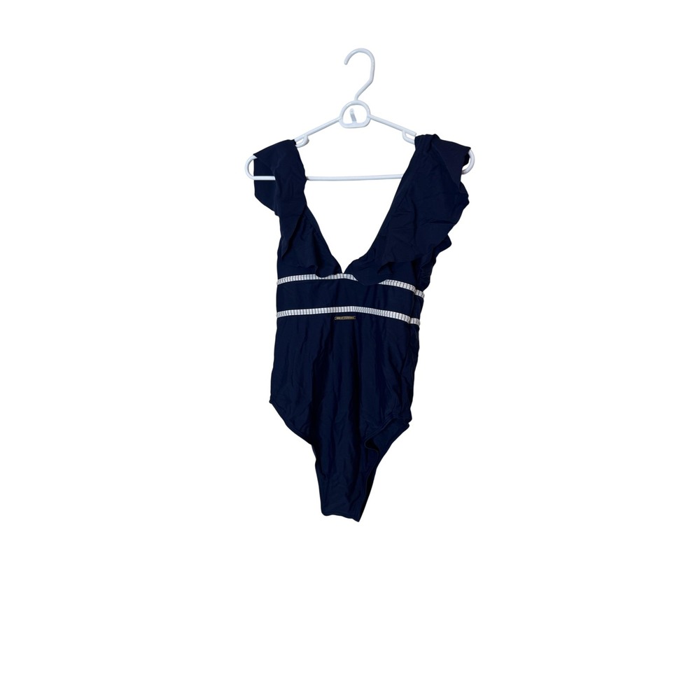 Juicy Couture One Piece Swimsuit Womens Medium Blue Stripe Ruffle Tank Swim